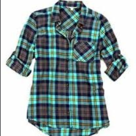 C & C California aqua & brown plaid flannel shirt XS - Picture 7 of 7